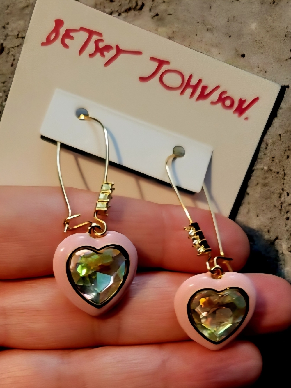 Betsey Johnson Gold-Tone Pink Heart Earrings with Iridescent Crystal Centers